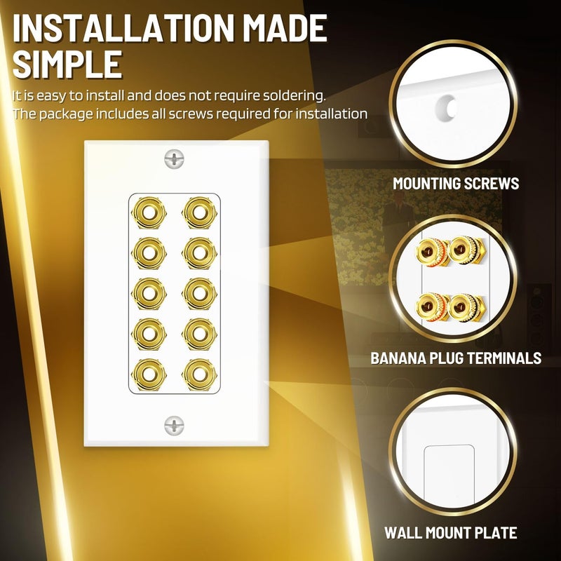 TNP Products TNP Home Theater Wall Plate - Banana Plug Wall Plate, 5 Speaker Wire with Gold-Plated Terminals, Single Gang Audio, in-Wall Surround Sound Connection Plates, White - Image 5